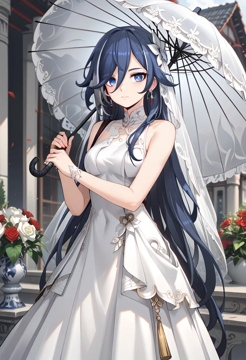 score_9,score_8_up,score_7_up,source_anime,FU_HUA,1girl,solo,long hair,looking at viewer,blue eyes,black hair,hair ornament,dress,holding,hair between eyes,closed mouth,jewelry,bare shoulders,very long hair,blue hair,grey hair,earrings,sleeveless,official alternate costume,white dress,hair over one eye,sleeveless dress,umbrella,veil,holding umbrella,wedding dress,