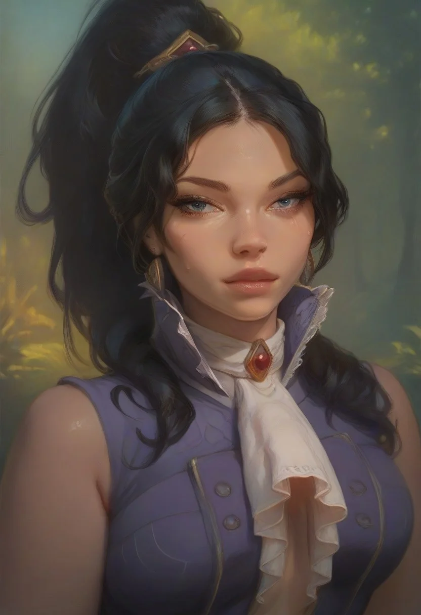 (score_9, score_8_up, score_7_up), score_6_up, best quality, masterpiece, extreme detail, perfect lighting, 4k, 2d, rating_explicit, nsfw, very detailed, best quality, highly detailed texture, depth of field, masterpiece, BREAK, 1girl, ChelXLP, chel, majestic,beautiful bright pupils, black hair, ((ponytail)),green earrings, cute face, (gorgeous face:1.3), (skin detail:1.3), (shadows:1.3), (sweat, steamy, oily, shiny:1.3), ((( black hair, large breasts,perfect body, thick thighs,
high collar, purple vest, white shirt, ascot, long sleeves, black skirt, black pantyhose,
fantasy, solo focus,epic, concept art, realistic, highly detailed, upper body, looking at viewer ))), looking at the viewer, detailed, intricate details, realistic,((( top view))), tan skin,cowboy shot,csr style,g4n1m3,Sculpted grace