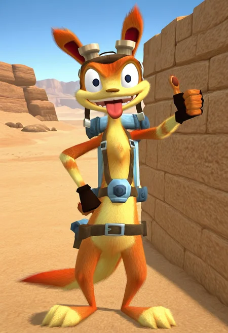Male focus, standing, looking at viewer, thumbs up, hand on hip, open mouth, tongue out, desert, dirt, rock wall surface,
daxter, 1boy, solo, furry, furry male, body fur, blue eyes, animal ears, animal nose, teeth, tongue, animal feet, tail, pawpads, , fingerless gloves, aviator cap, goggles, goggles on head, belt, harness, weapon, backpack