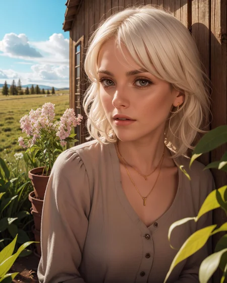 (Close-up:1.4), (Sn0frid_v1, white hair:1.3), medium bosom, (style of Dorothea Lange) rugged frontier homestead woman, 1800s Montana, linen blouse, long skirt, apron, practical sturdy boots, earthy tones, natural fibers, rustic charm, sepia-toned aesthetic, arid golden prairie, wooden cabin, wildflowers, cracked soil, farm tools, weathered textures, sun-dappled lighting, determined expression, confident pose, wind-tousled hair, (dramatic clouds:1.2), vast open landscape, vintage authenticity, pioneering spirit ,
