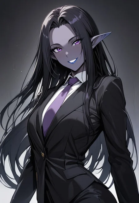 masterpiece, best quality, very aesthetic, solo,
fv4lent, lawyer suit, looking at viewer, purple eyes, blue lipstick, long hair, dark black hair, straight hair, black blazer, black trousers, white shirt, purple tie, confident smile, happy, dark grey skin, elven ears, forehead