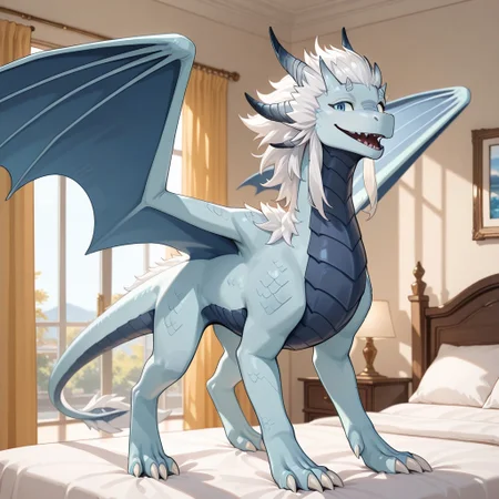1boy, highres, absurdres, newest, masterpiece, best quality, furry, furry_male, azymondias_tdp, dragon, light blue scales, white hair, blue wings, horns, tail, claws, blue eyes, 1boy, (quadruped, feral:1.3), detailed eyes, (standing:1.1), open_mouth, open mouth smile, happy smile, luxurious detailed room, bright room, day scene, professional lighting, solo, bedroom, smiling, looking_at_viewer, masterpiece, close up, safe