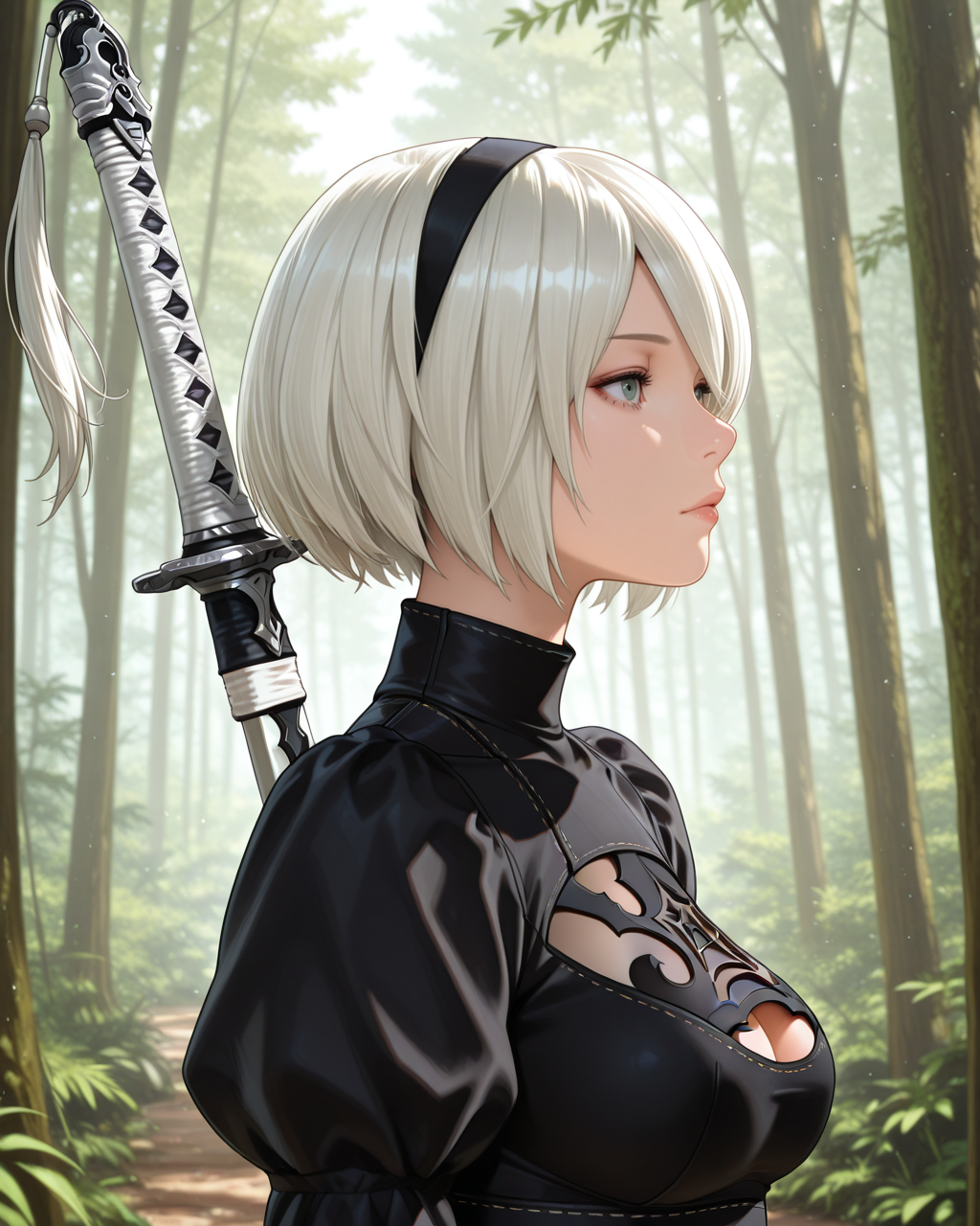 masterpiece,best quality,highres illustration,detailed face,1girl,upper body,<lora:srbeauty_IL:1>,beauty,2b \(nier:automata\),katana,forest,