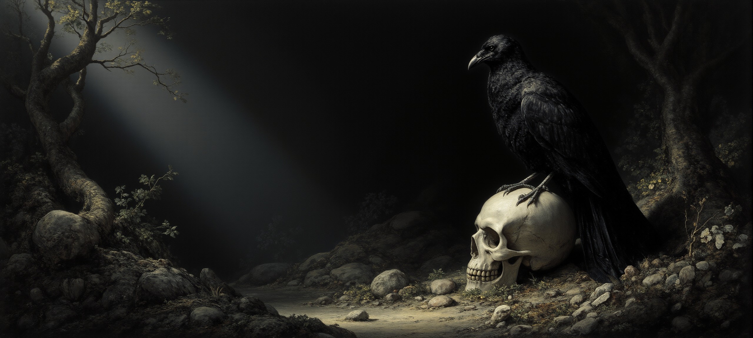 black-toned Renaissance photo of an abyssal goth raven perched on a skull in a dark mysterious woodland, intricate white and black and gold ebru, eldritch, decrepit, billowing dark dust, very detailed <lora:Former_Splendor:0.8> <lora:Hand v2:1> <lora:flux.1_lora_flyway_Epic-detail_v2:0.3>