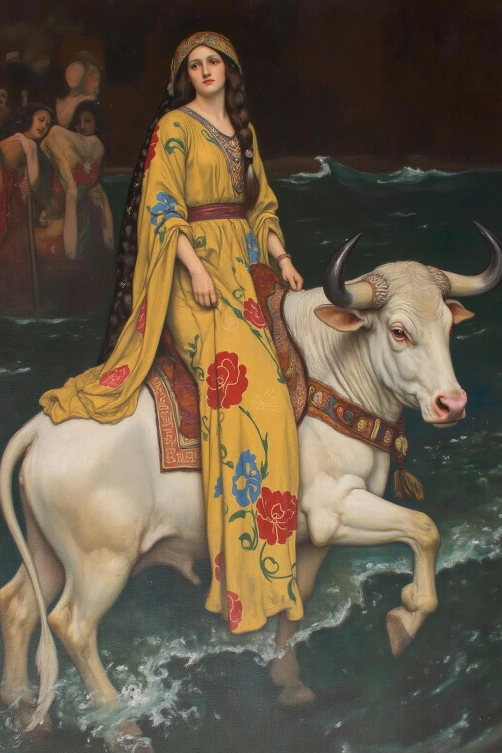 edwinabbey1 painting.
A scene from ancient Greek mythology.
A woman is riding a large, white bull in a turbulent sea. She is dressed in a flowing yellow robe adorned with large, colorful floral patterns in shades of red, blue, and green. She wears a matching, flowing headdress that cascades down her back.
<lora:edwinabbey1_cap_d6a3:1.0><lora:837017000887851752:0>