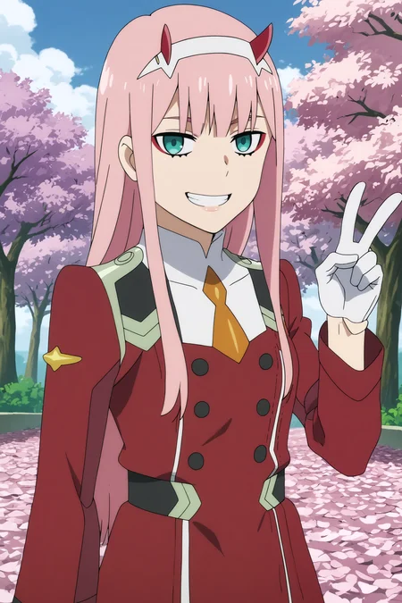 zero two,1girl,solo,long hair,horns,green eyes,smile,bangs,looking_at_viewer, orange necktie,red jacket,short necktie,white gloves,eyeshadow,makeup,peace sign,clenched_teeth, from_above BREAK outdoors,blue sky,cloudy_sky,cherry_blossoms <lora:Zero_Two_-_Darling_in_the_franxx.safetensors:0.8> <lora:detailed_backgrounds_v2.safetensors:0.5>