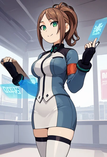 score_4,score_5,score_6,score_7_up,score_8_up,score_9 ((masterpiece,best quality,ultra detailed,highres,HD,4k:1.2)), 
1girl,solo,girl focus,solo focus,
jyuukyuu, flat color, deformed, deformed characters, round face,
brown hair, long hair, ponytail, sidelocks, green eyes,large breasts, long sleeves,thighhighs,skirt, gloves, high heels, grey thighhighs, pencil skirt,zettai ryouiki,fingerless gloves, necktie, boots, holographic interface,holding clipboard, indoors, smile,light smile,looking at viewer,