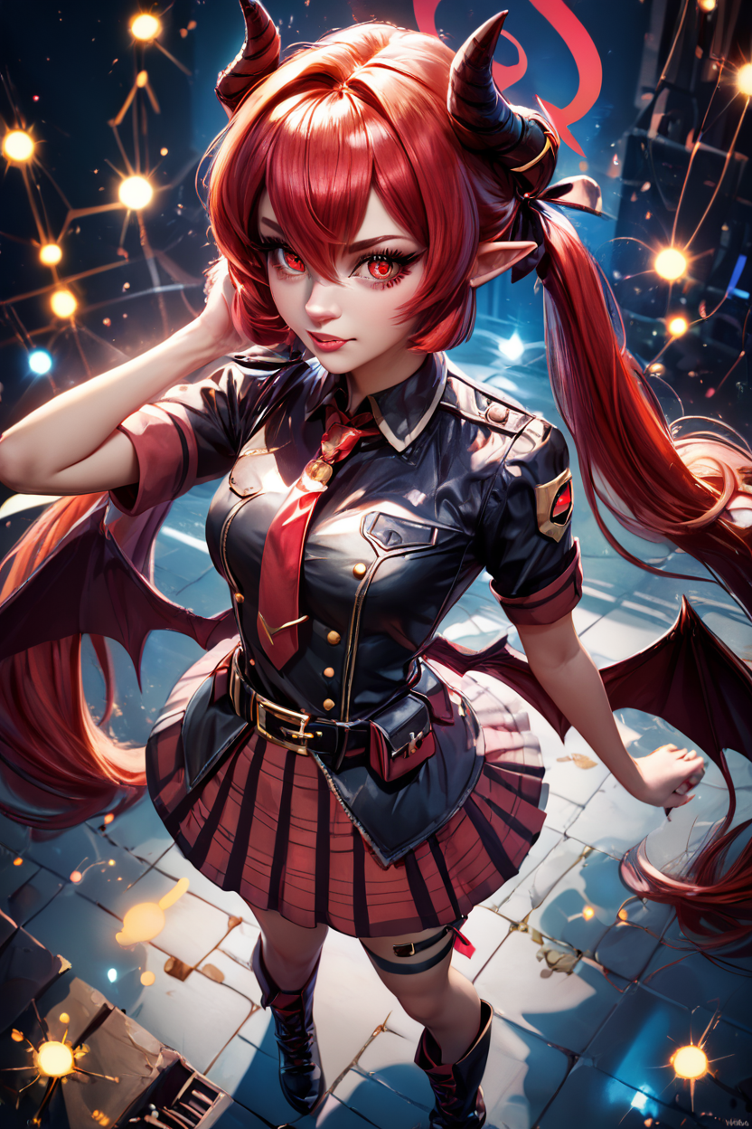 score_9, score_8_up, score_8, medium breasts, (curvy), cute, eyelashes,       BREAK, , ,,, zzJunko, red eyes, red hair,  red halo, horns, long hair, twintails, halo, demon horns, pointy ears, wings, hair between eyes, demon wings, very long hair, black horns, low wings,  ribbon black shirt, pleated skirt, red skirt, short sleeves, plaid skirt, red necktie, thigh strap, belt, fang, black footwear, boots, <lora:Junko_BlueArchive_PDXL:0.8>,   ,,,, BREAK,  (ultra realistic,32k, masterpiece:1.2),(high detailed skin:1.1),( high quality:1.1), head tilt, lips, closed mouth, shiny clothes, (upper body), looking at viewer, bokeh, luminescent background, ,,, embedding:zPDXL, Expressiveh, ,,, <lora:RlAnmPDXL:1.0>,