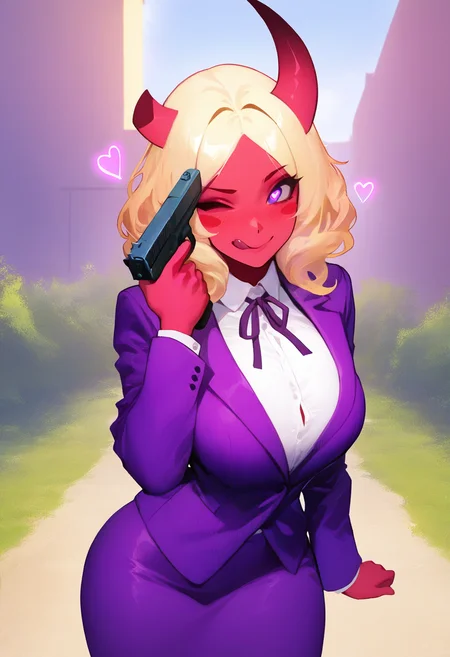 masterpiece, best quality, 1girl, solo, <lora:ickp_n11:1> 1girl, short horns, red skin, blush stickers, gun to head, one eye closed, purple eyes, purple jacket, purple skirt, licking lips, happy, outdoors, formal, parted bangs, blonde hair, white shirt, neck ribbon, heart-shaped pupils