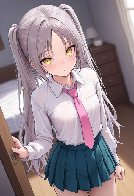 masterpiece, best quality, amazing quality, very aesthetic, high resolution, ultra-detailed, absurdres, newest, scenery,(depth of field:1.5),
(super fine illustration,professional quality,ultra high res), beautiful detailed eyes,
break
(SFW),
kanako_tateshiba,
gray hair, long hair, parted bangs, twintails,
yellow eyes,
wing collar, collared shirt, white shirt, long sleeves, dark aqua skirt, pleated skirt,mini skirt, pink necktie,
1girl, SOLO,
smail breasts, slim body,
expressionless, blush,
room,
looking at viewer,
cowboy shot, dutch angle,