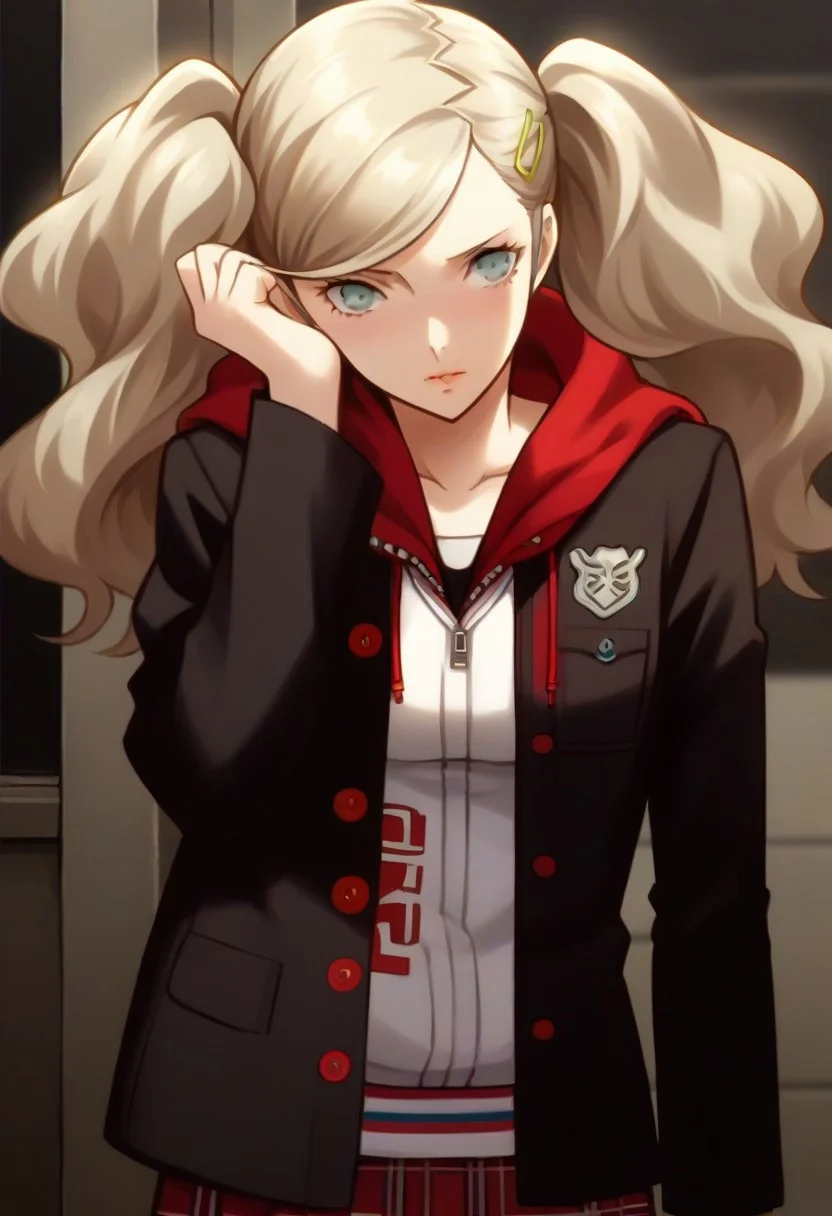 (source_anime), 1 girl, solo, nsfw, cute face, p5ann, twintails, long hair, takamaki anne, blonde hair, hairclip, skirt, uniform, jacket, open clothes, hairclip, hood, miniskirt, sweater, open jacket, black jacket, hoodie,hood down, white sweater, red pantyhose, hooded cardigan, uniform,