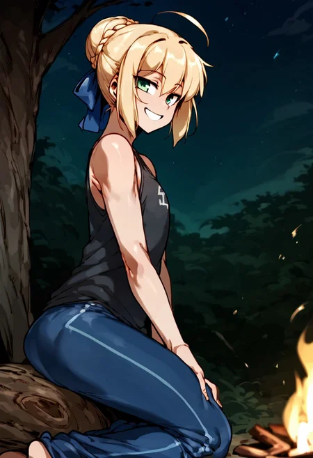 score_9, score_8_up, score_7_up, anime screencap, rating_safe, intricate details, , depth of field, doppel style, 1girl, saber \(fate\), blonde hair, green eyes, ahoge, hair between eyes, hair bun, hair bow, solo, from side, cabin, forest, campfire, dark, (dynamic pose), half-closed eyes, smile, <lora:blue_lock_style_pony:1.2>, blue_lock_style, , blue lock bodysuit, , black tank top, <lora:sdxl_lightning_8step_lora:1>