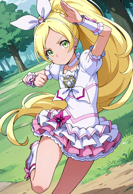 masterpiece, best quality, absurdres, very aesthetic, general,
cure rhythm, 1girl, blonde hair, solo, green eyes, white choker, knee boots, brooch, wrist cuffs, hair ribbon, running, eyelashes, earrings, serious, white dress, white footwear, standing, puffy sleeves, frilled skirt, arms up, tree, floating hair, standing on one leg, hair bow, fighting stance, pink skirt, layered skirt, single braid, short sleeves, pink bow, looking at viewer, arm warmers, leg up, closed mouth, ponytail, white bow, outdoors, white skirt, white ribbon, grass, hair ornament, very long hair, miniskirt, dutch angle, white neckwear, anime coloring
<lora:cure_rhythm_minamino_kanade_illustXL_locon_v1:0.7>