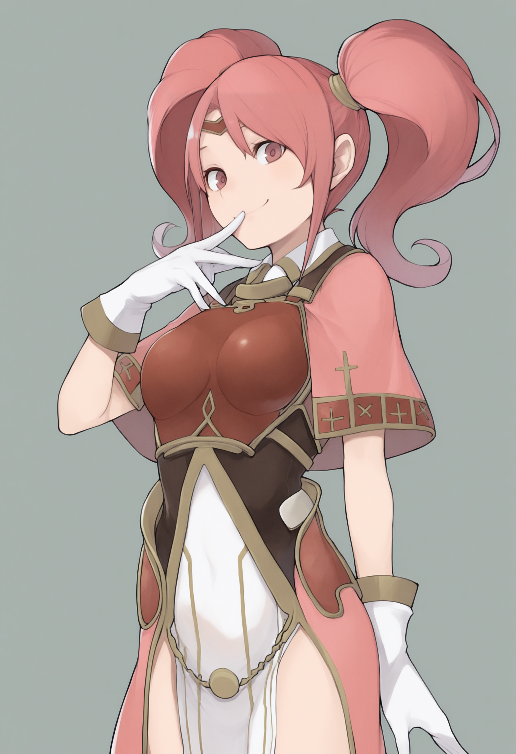 masterpiece, best quality, solo, 1girl, smile, looking at viewer, <lora:Mae-illus_Fp:1>, maefe, twintails, pink hair, pink eyes, long hair, circlet, armor, breastplate, capelet, pelvic curtain, white gloves, <lora:Yasuda-Suzuhito-illus_Fp:1>, simple background, finger to mouth,