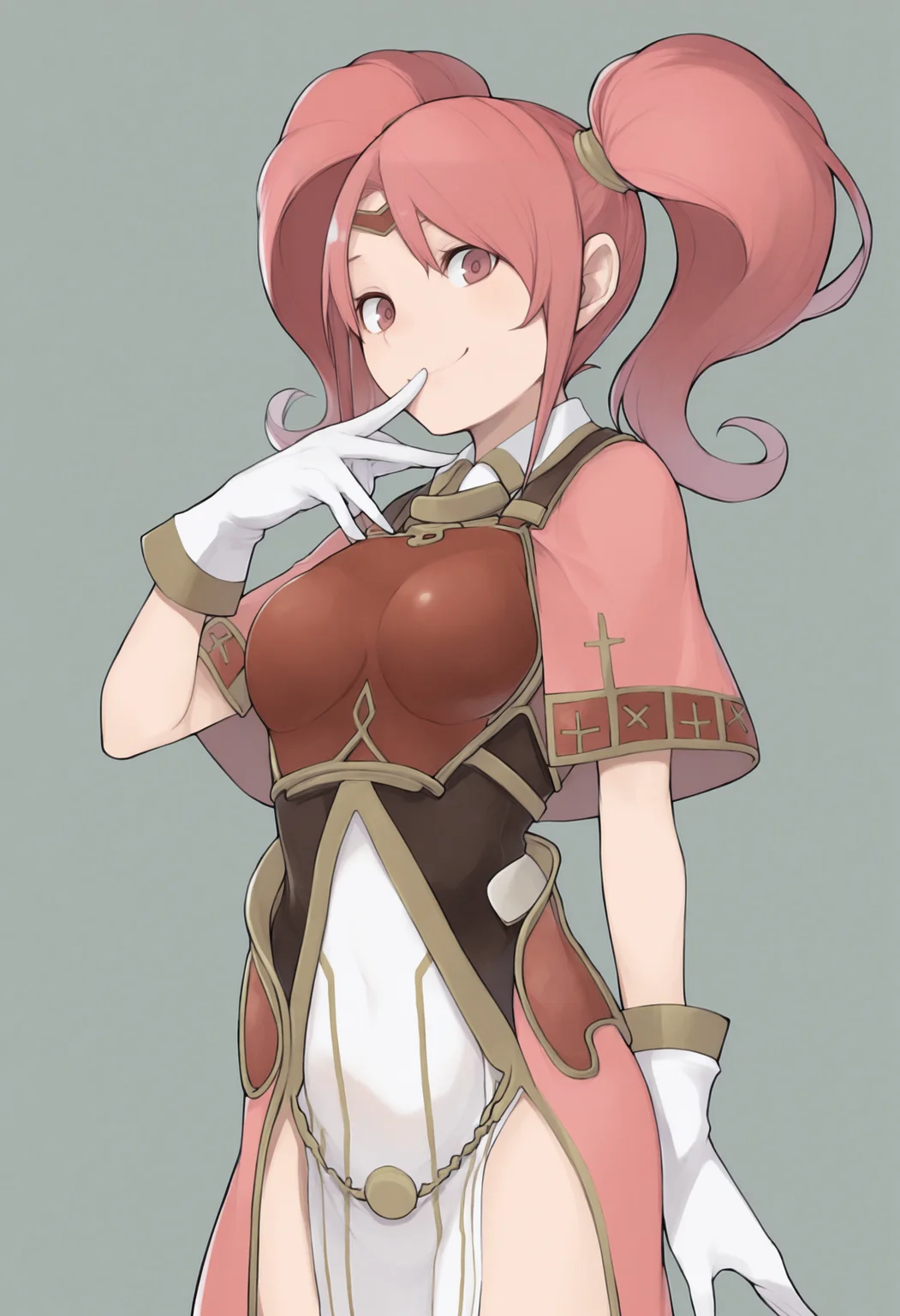 masterpiece, best quality, solo, 1girl, smile, looking at viewer, <lora:Mae-illus_Fp:1>, maefe, twintails, pink hair, pink eyes, long hair, circlet, armor, breastplate, capelet, pelvic curtain, white gloves, <lora:Yasuda-Suzuhito-illus_Fp:1>, simple background, finger to mouth,