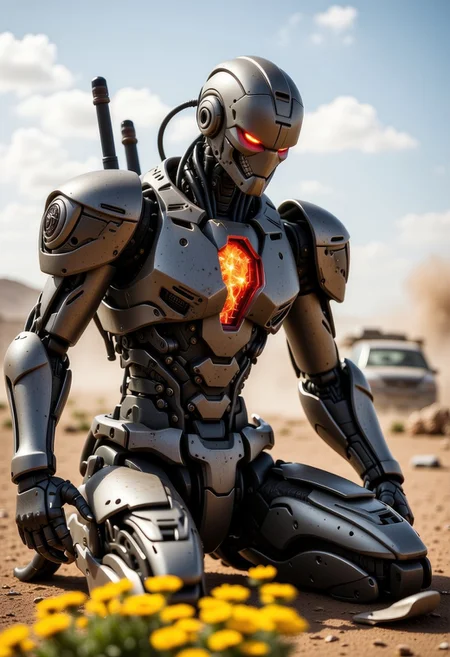 The gundam is rusted and broken, exposed wires and mechanic parts are sparking and on fire, one of the Gundams eyes glows red and the rest of its face is damaged. The gundam is missing an arm and kneels on a deserted battlefield. dust, debris and smoke surround the gundam. yellow flowers grow in the dirt
