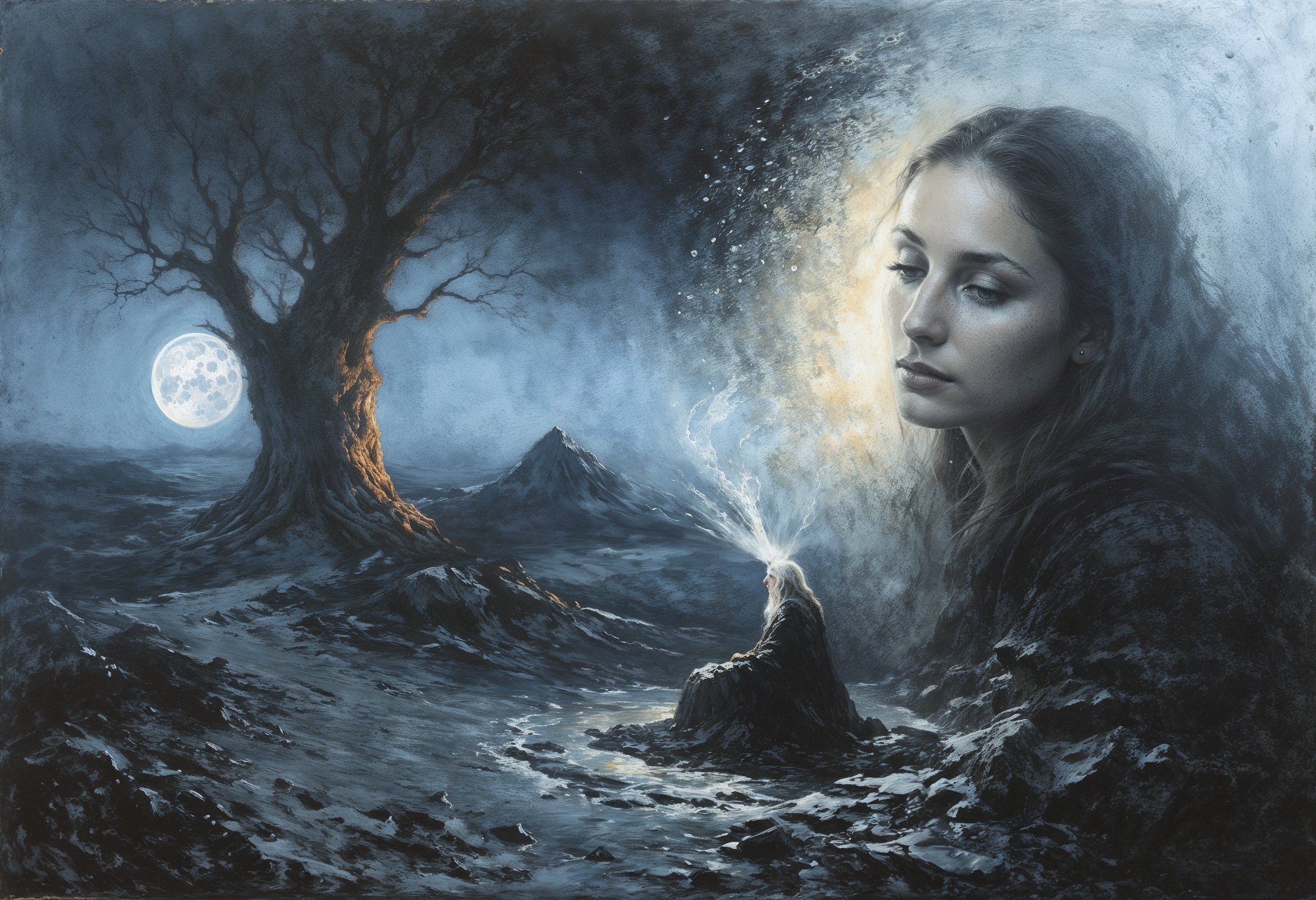 psychedelic style Charcoal and chalk drawings. Sketch. real fantasy concept art {LORD OF THE ELEMENTS OF AIR, A WISE OLD MAN SITTING ON A WHITE STONE, A DISC OF STONES - THE RING OF JUPITER, FLOATING IN SPACE, WITH THE ANDROMEDA GALAXY IN THE BACKGROUND}. magnificent, heavenly, ethereal, picturesque, epic, majestic, magical, fantasy art, cover, dreamy" . vibrant colors, swirling patterns, abstract forms, surreal, trippy, painting in the style of Anders Zorn, Alexi Brilo, Luisa Royo