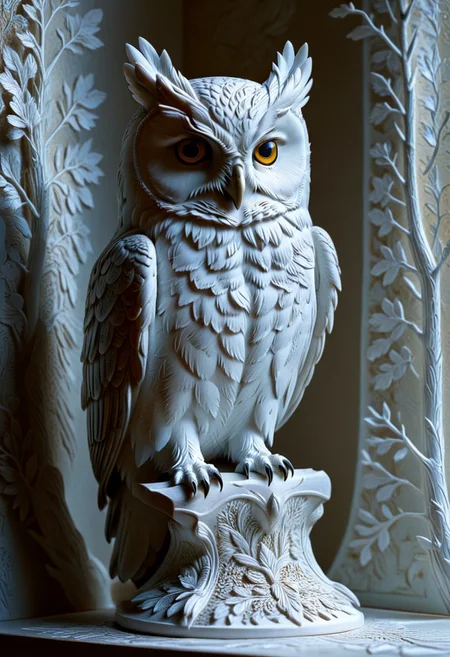 A photorealistic image of a majestic owl figure,
crystalstexture skin,(extremely delicate and beautiful), highly detailed, WhiteMold, art style, 3d printed mold, 
intricate details, dramatic composition, contrast, texture, realism, high quality, stunning art, film grain, volumetric lighting, detailed, 
background is cozy room,