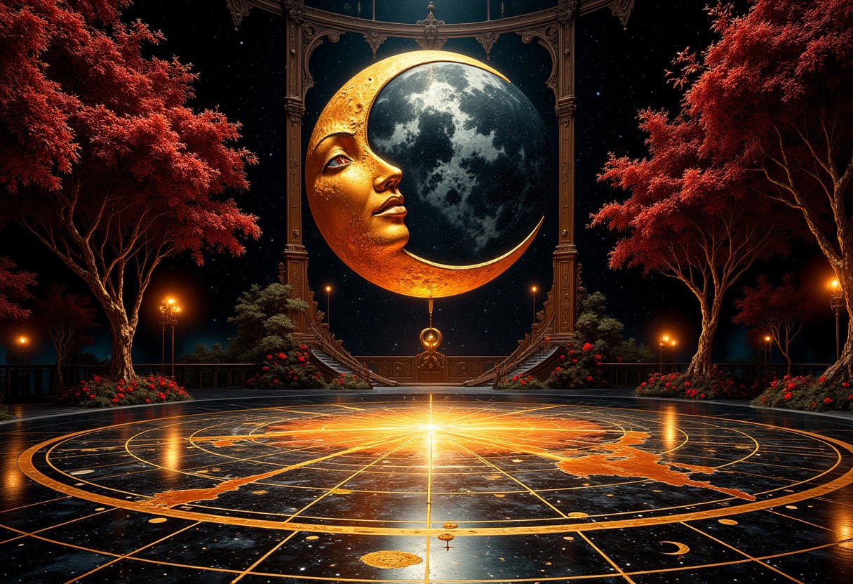 The Solar Eclipse Ballroom of Eternal Twilight
A shadow-drenched ballroom, illuminated by a massive clockwork sun and moon mechanism hanging from the ceiling, locked in an eternal solar eclipse. The floor is a vast celestial map, inlaid with golden lines that glow softly as guests walk upon them. Brass-plated trees, their leaves shimmering in hues of gold, black, and crimson, stretch toward the sky, their branches bearing luminous starfruit. The scent of burning embers, aged leather, and spiced wine lingers, evoking a feeling of arcane power and celestial mystery.
