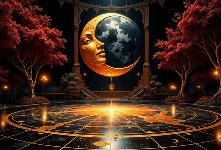 The Solar Eclipse Ballroom of Eternal Twilight
A shadow-drenched ballroom, illuminated by a massive clockwork sun and moon mechanism hanging from the ceiling, locked in an eternal solar eclipse. The floor is a vast celestial map, inlaid with golden lines that glow softly as guests walk upon them. Brass-plated trees, their leaves shimmering in hues of gold, black, and crimson, stretch toward the sky, their branches bearing luminous starfruit. The scent of burning embers, aged leather, and spiced wine lingers, evoking a feeling of arcane power and celestial mystery.