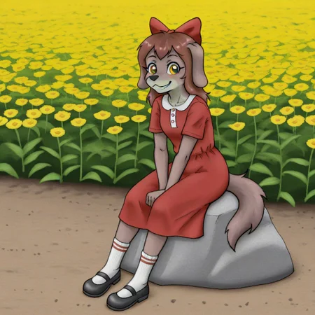 Biske(A), solo, 1girl, anthro, female furry, dog, dog girl, brown fur, brown hair, tan belly, tan muzzle, dog ears, amber eyes, fluffy dog tail, red hair bow, red dress, tube socks, black Mary janes, full body, looking at viewer, smiling, excited look, sitting on rock, V arms, flower field setting,