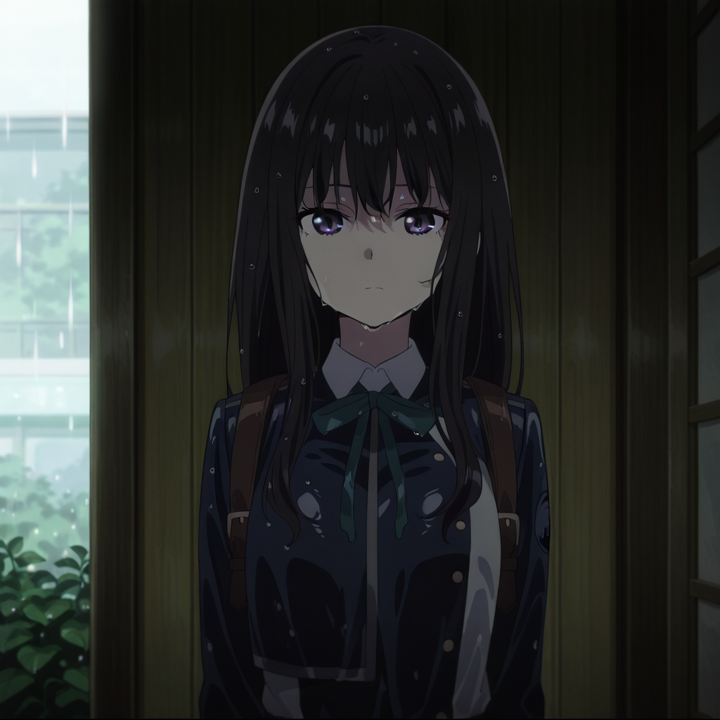 nsfw, masterpiece,best quality,amazing quality,1girl, solo, lycoris_recoil_takina_lnoue, black hair, standing,  lycoris uniform, long hair, purple eyes, wet hair, bangs, wet, neck ribbon, ribbon, green ribbon, rain, collared shirt, closed mouth, looking at viewer, shirt, white shirt, school uniform, indoor, <lora:Takina_Inoue_-_Lycoris_Recoil:0.7>