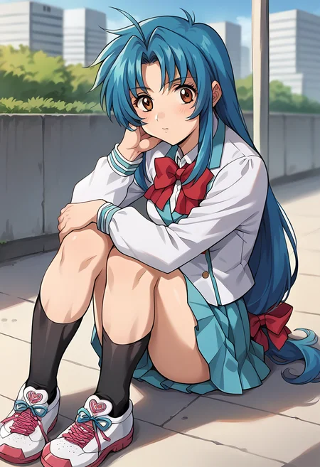 score_9, score_8_up, score_7_up, source_anime, masterpiece, 1girl, ctianchid0ri, blue hair, white blazer, red bowtie, ribbon, long sleeves, blue skirt, looking at viewer, outdoors, city, depth of field, sunny, on ground, ground, sneakers, black kneehighs, knees up, <lora:Chidori_Kaname_pony_ct:1>