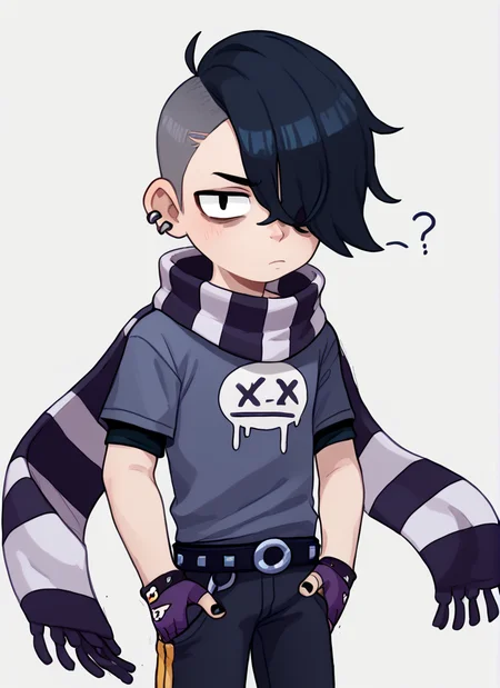 score_9, score_8_up, score_7_up, <lora:bsedgar:1>bsedgar , 1boy , short hair , black hair, hair over one eye, ear piercing, solo,striped scarf grey shirt, short sleeves, belt , black pants ,black gloves, fingerless gloves, black nails, <lora:PossumMachine:1>posmach , confused, looking at viewer, , ??? , simple background, ??,