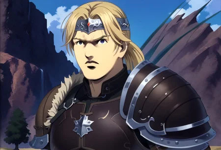 score_9, score_8_up, score_7_up, detailed background, cromartie, 1 boy, shade face, cromartie, simon belmont, simonbel, leather armor, jeweled headband, stylized brown breastplate, shoulder length blonde hair, solo