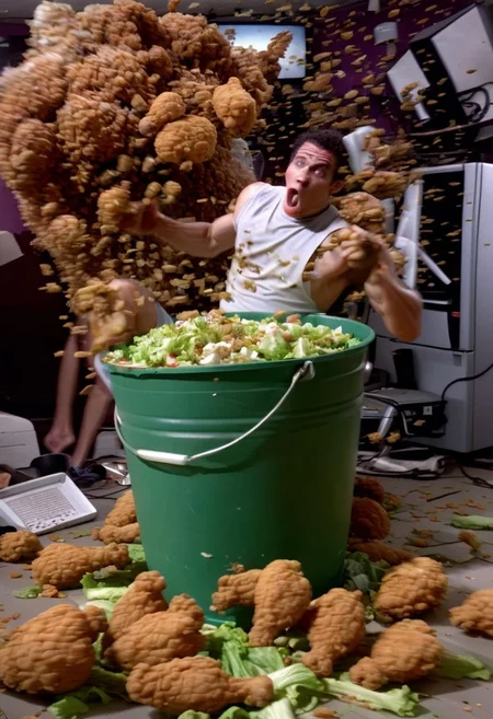 fried chicken explosion lettuce covering lens man eating a bucket of fried chicke and flexing reflective television broadcast colors bouncing off surfaces, faces on the floor and in the ceiling, ghosts swirling, psychedelic chaos
