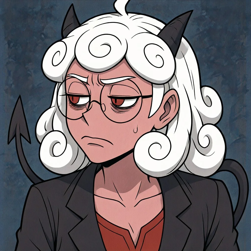 masterpiece, best quality, newest, absurdres, highres, anime, anime style, TSLV1.0, skeptical expression, judgmental look, side-eye, half-closed eyes, tight-lipped, furrowed brow, frown, looking sideways,
1girl, pandemonica (helltaker), demon girl, horns, black horns, white hair, knee boots, gloves, demon tail, demon horns, black jacket, curly hair, glasses, round glasses, round eyewaer,