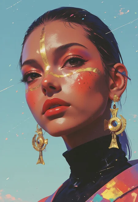A hyper-detailed, avant-garde photograph featuring a striking Nepalese woman with pale light brown skin, set against a serene, clear blue sky. Her full-face close-up accentuates the flawless smoothness of her complexion, enhanced by iridescent striped face markings that stretch elegantly from her left cheek to her right cheek, adding an artistic flair. Her eyes are mesmerizing, deepened by shimmering metallic eyeshadow that complements her glossy, deep red lips, creating a bold contrast with her skin tone. Large, intricately designed golden earrings shaped like Christian Holy Crosses gleam as they reflect light, contributing to her modern, sophisticated allure. She wears sleek, metallic urban Buddhist monk attire, with a turtleneck that complements her avant-garde aesthetic. The reflective surfaces of her earrings and outfit interact dynamically with the environment, amplifying her sleek presence. The minimalist background shifts the focus entirely to her striking fashion and makeup, captured with a Sony A7R IV camera and a 50mm f/1.2 G Master lens for a beauty editorial shot. This composition merges contemporary fashion and minimalist elegance, drawing inspiration from avant-garde photographers like Sølve Sundsbø, blending mythp0rt and niji_flux styles into a high-fashion visual narrative.