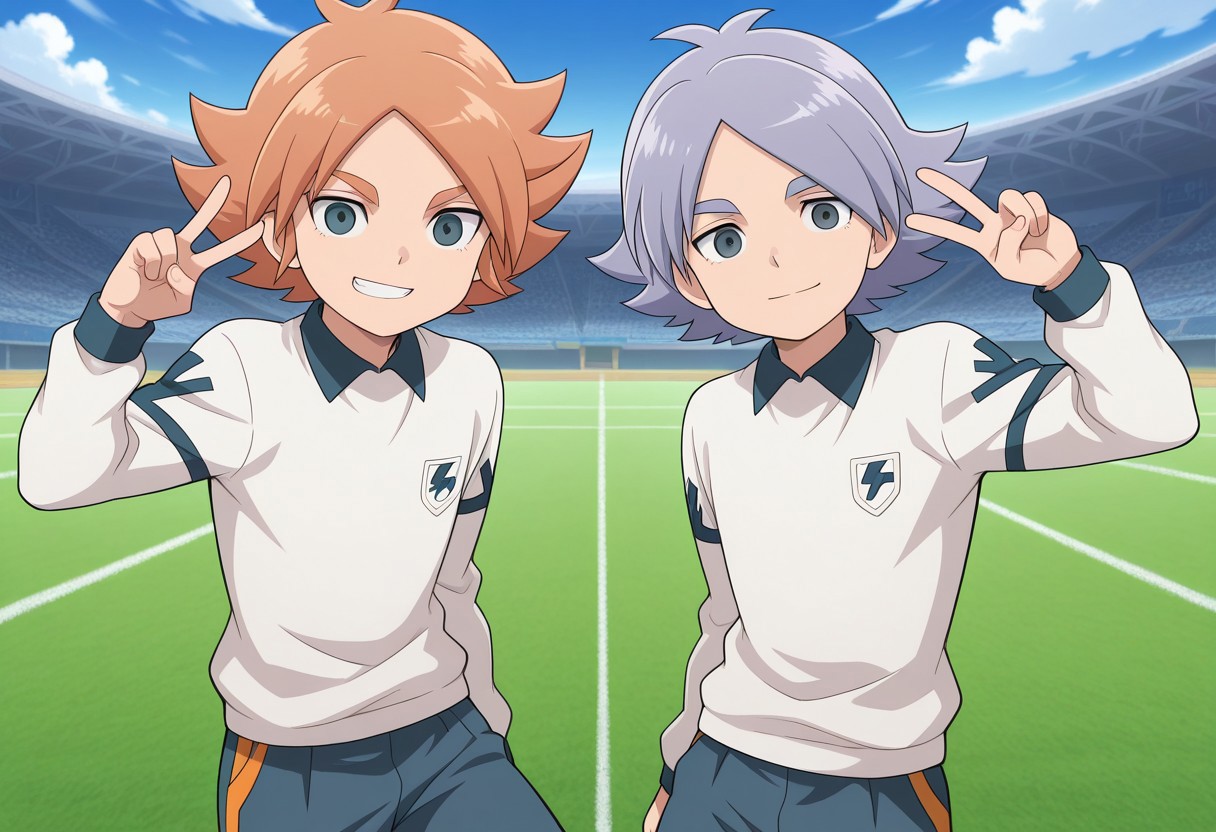 masterpiece,best quality,amazing quality, source_anime, 
2boys, brothers, looking at viewer, smile, v sign,
alpine soccer unifor, white shirt, long sleeves, grey shorts, 
FubukiAtsuya, 1boy, male focus, grey eyes, orange hair, BREAK
fubukishirou, 1boy, male focus, grey hair, parted bangs, grey eyes, BREAK
outdoor, sky, day, clouds,
