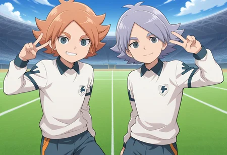 masterpiece,best quality,amazing quality, source_anime,
2boys, brothers, looking at viewer, smile, v sign,
alpine soccer unifor, white shirt, long sleeves, grey shorts,
FubukiAtsuya, 1boy, male focus, grey eyes, orange hair, BREAK
fubukishirou, 1boy, male focus, grey hair, parted bangs, grey eyes, BREAK
outdoor, sky, day, clouds,