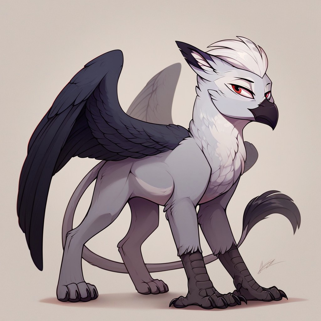 masterpiece, score_9_up, score_8_up, score_7_up, score_6_up, (best quality:1.1), ultra-detailed, high resolution, 1character, solo, mlp style, Ferdinand Dawnclaw, griffon, albino, avian, feral, male, ((beautiful detailed red eyes)), white hair, feathery ears, black beak, closed mouth, smirk, white feathers, four limbs, wings, (full body:1.4), standing, detailed facial features, expressiveh, simple background, highly visible, sharp focus, anatomically correct