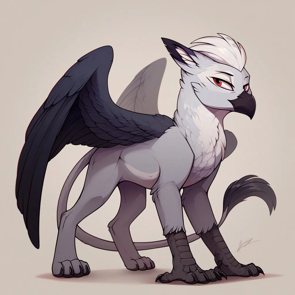 masterpiece, score_9_up, score_8_up, score_7_up, score_6_up, (best quality:1.1), ultra-detailed, high resolution, 1character, solo, mlp style, Ferdinand Dawnclaw, griffon, albino, avian, feral, male, ((beautiful detailed red eyes)), white hair, feathery ears, black beak, closed mouth, smirk, white feathers, four limbs, wings, (full body:1.4), standing, detailed facial features, expressiveh, simple background, highly visible, sharp focus, anatomically correct