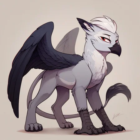 masterpiece, score_9_up, score_8_up, score_7_up, score_6_up, (best quality:1.1), ultra-detailed, high resolution, 1character, solo, mlp style, Ferdinand Dawnclaw, griffon, albino, avian, feral, male, ((beautiful detailed red eyes)), white hair, feathery ears, black beak, closed mouth, smirk, white feathers, four limbs, wings, (full body:1.4), standing, detailed facial features, expressiveh, simple background, highly visible, sharp focus, anatomically correct