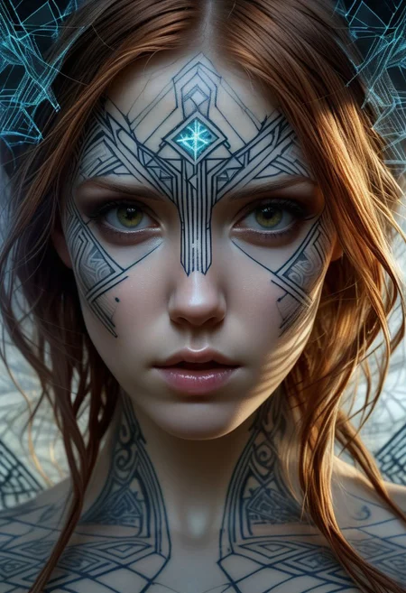 Rune tattoo on girls face, close-up, by Minjae Lee, Carne Griffiths, Emily Kell, Steve McCurry, Geoffroy Thoorens, Aaron Horkey, Jordan Grimmer, Greg Rutkowski, amazing depth, double exposure, surreal, geometric patterns, intricately detailed, bokeh, perfect balanced, deep fine borders, artistic photorealism , smooth, great masterwork by Suiras <lora:add-detail-xl:2> <lora:Double_Exposure:0.5>