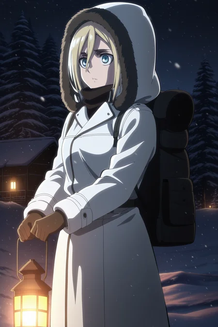 anime screencap, anime coloring, detailed face, masterpiece, best quality, very aesthetic, absurdres, volumetric lighting, official style, amazing quality, ultra detailed,  highres, amazing quality, scenery, beautiful detailed hair, beautiful detailed eyes, detailed fingers,
<lora:Historia_ReissKrista_Lenz_Attack_on_Titan_Seasons_1-3:1>
Historia snow outfit, Historia Reiss (character), 1girl, blue eyes, solo, gloves, hood, coat, blonde hair, lantern, holding lantern, winter clothes, parka, snow, holding, backpack, bag,
outside, snow, snowing