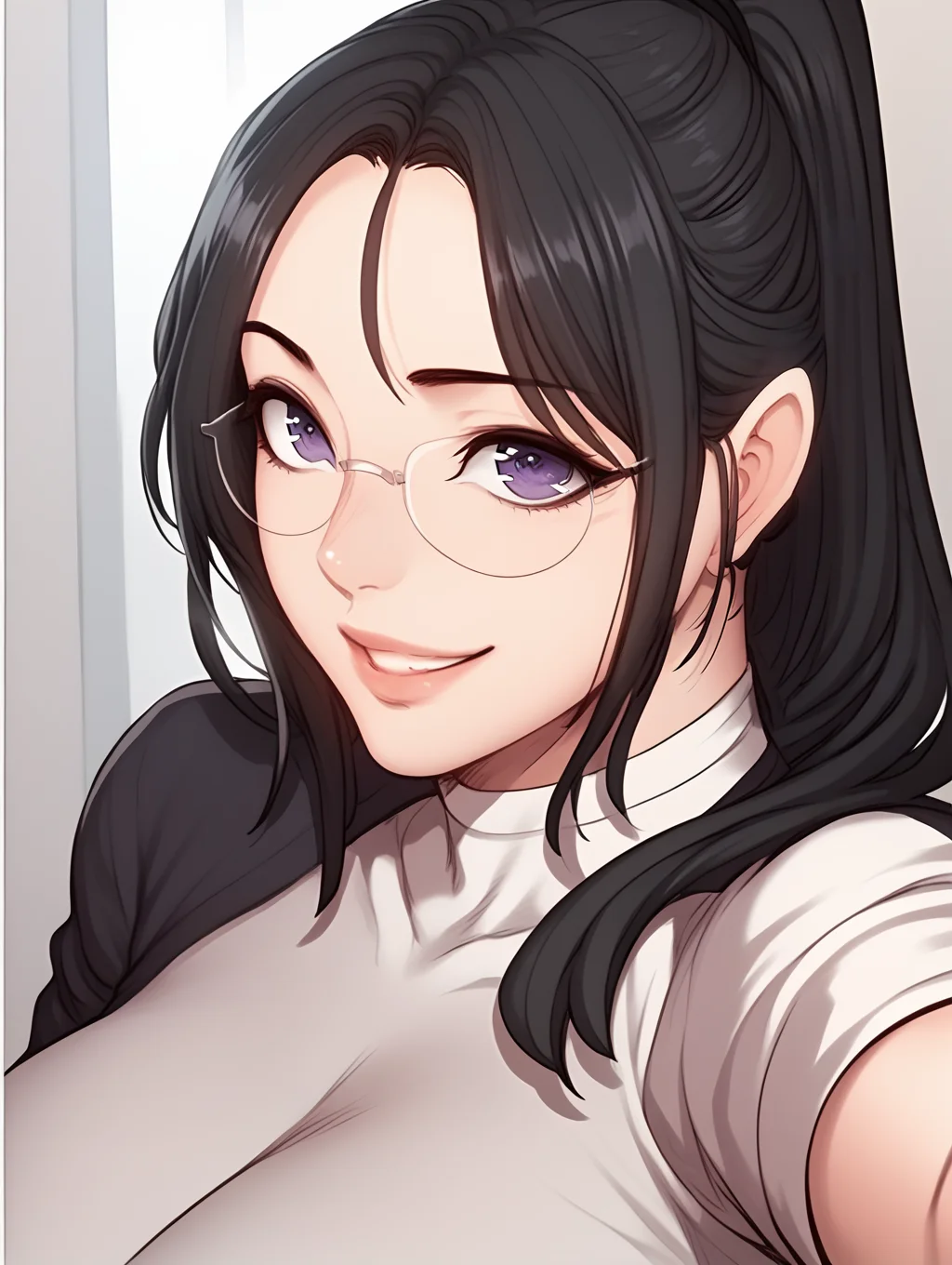score_9, score_8_up, score_7_up, score_6_up, score_5_up, score_4_up, <lora:Seon_Joo:1> seonjoo, black hair, long hair, breasts, huge breasts, purple eyes, selfie stick, ponytail, happy, seductive smile, glasses