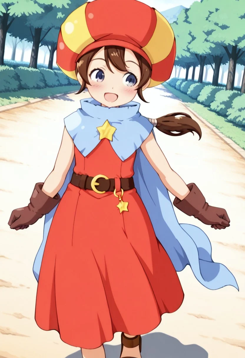 masterpiece,anime_coloring,anime_clothing,amazing_quality,Tokia_DMO, 1girl, solo,gloves, brown hair, ponytail,red yellow hat, star \(symbol\), cape, sleeveless,red dress, long dress,belt, Sandals, close-up face,open mouth,blush,smile,outdoor,dynamic angle,