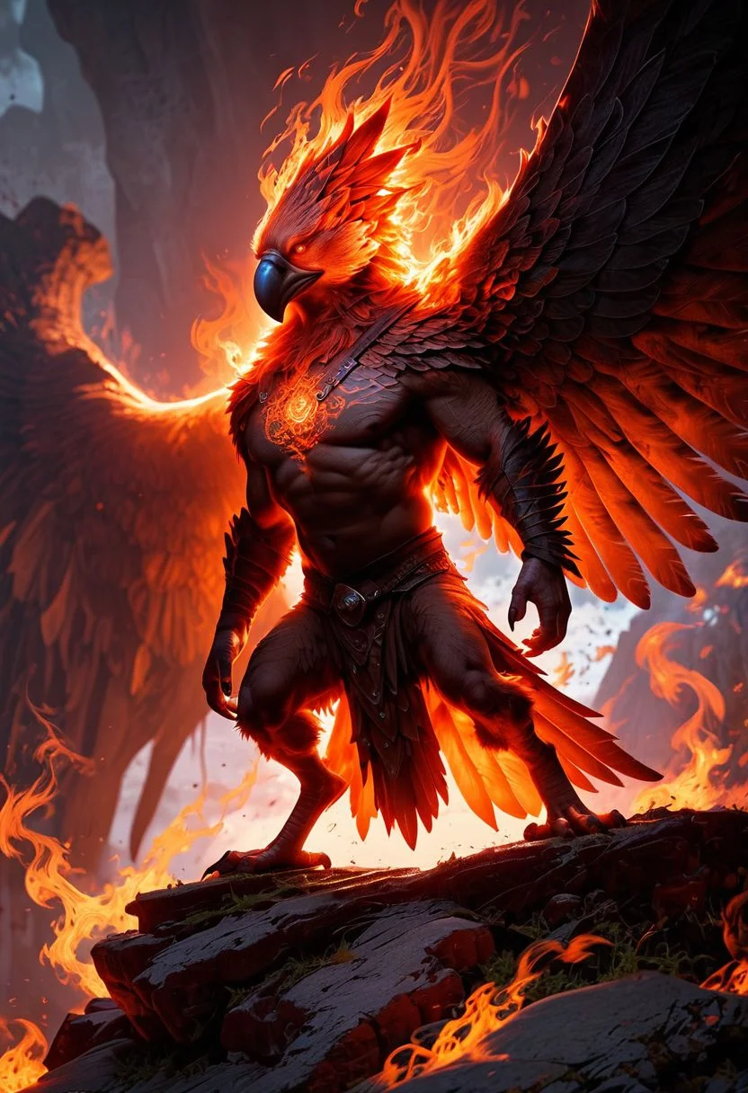 score_9, score_8_up, score_7_up, source_photo, (photography, realistic:1.4) solo, antro, incarnation of the god of fire, rooster, mighty beak, crest of fire, glowing eyes, glossy feathers, smooth skin, holds orb of fire, blood magic, fire spell, feathers of flame, spreading fire, stands on rocky cliff, powerful wings, fire aura, casting fire breath, overlooking valley of flowing fire