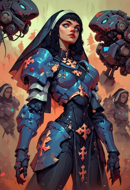 score_9, score_8_up, score_8_up, Battle nun, portrait, blue eyes, black hair, beautiful, long legs, mech armor, demonic
