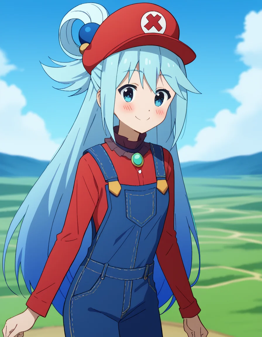 score_9, score_8_up, score_7_up, source_anime, konosubaaqua, <lora:konosuba-aqua-s2-ponyxl-lora-nochekaiser:1>, aqua (konosuba), long hair, blue eyes, hair ornament, very long hair, blue hair, hair rings, single hair ring, hair bobbles,, <lora:mario-cosplay-ponyxl-lora-nochekaiser:1>, mariocosplay, mario \(cosplay\), blue overalls, overalls, shirt, red shirt, long sleeves, collared shirt, hat, red hat,, landscape, blush, smile,, cowboy shot, dutch angle, solo,