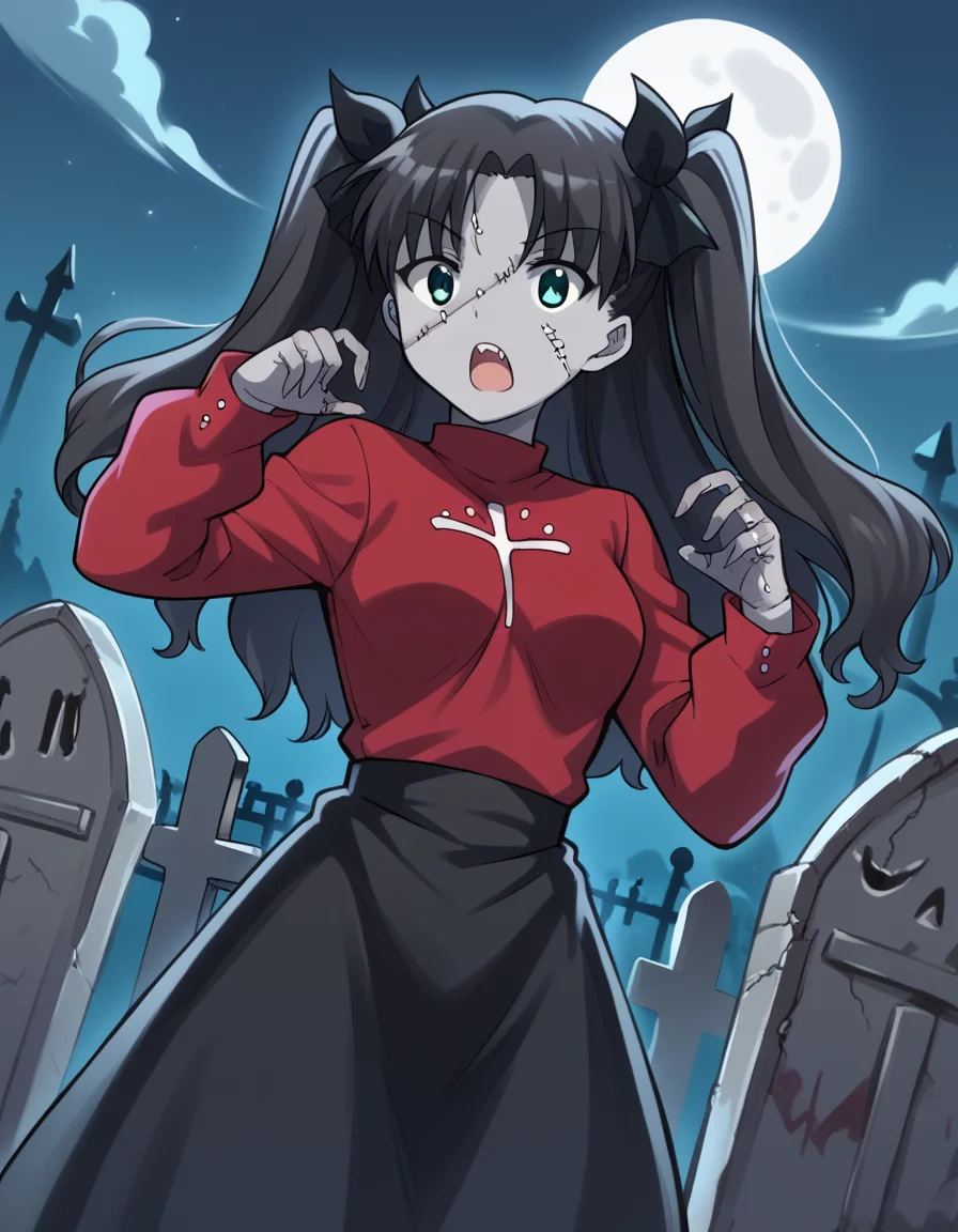 score_9, score_8_up, score_7_up, source_anime, <lora:carnivalphantasm-rin-tohsaka-ova-ponyxl-lora-nochekaiser:1>, rin tohsaka, aqua eyes, black hair, hair ribbon, long hair, ribbon, sidelocks, two side up, parted bangs, medium breasts,, <lora:zombie-ponyxl-lora-nochekaiser:1>, zombie, colored skin, stitches, grey skin, multicolored skin, stitched face, zombie pose, halloween, halloween costume,, night, moon, graveyard, tombstone, grave, open mouth, , dutch angle, cowboy shot