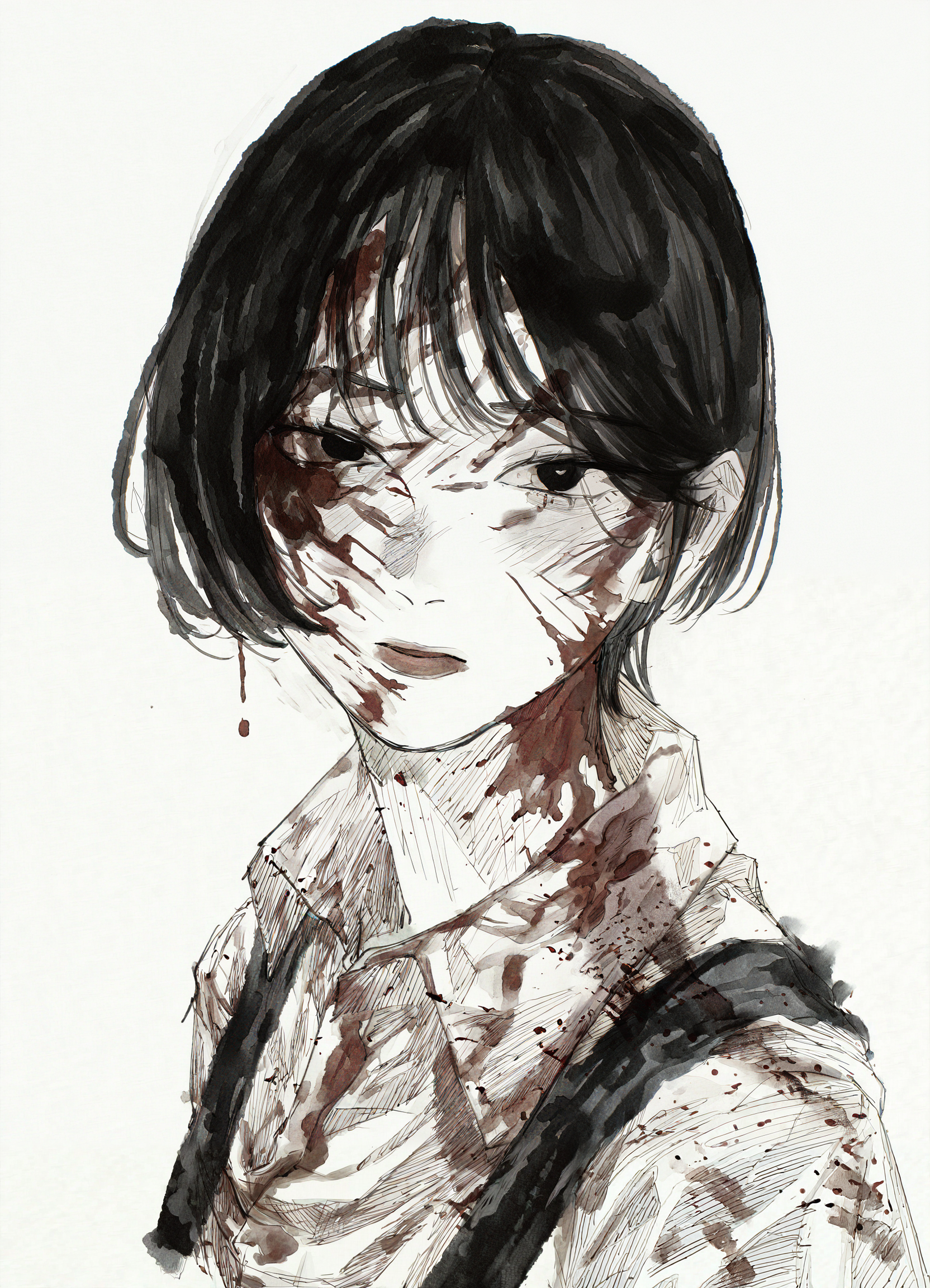 1girl, fujimoto tatsuki \(style\), ink_\(medium\), graphite \(medium\), blood on face, blood on clothes, portrait, masterpiece, very awa, newest, white background,