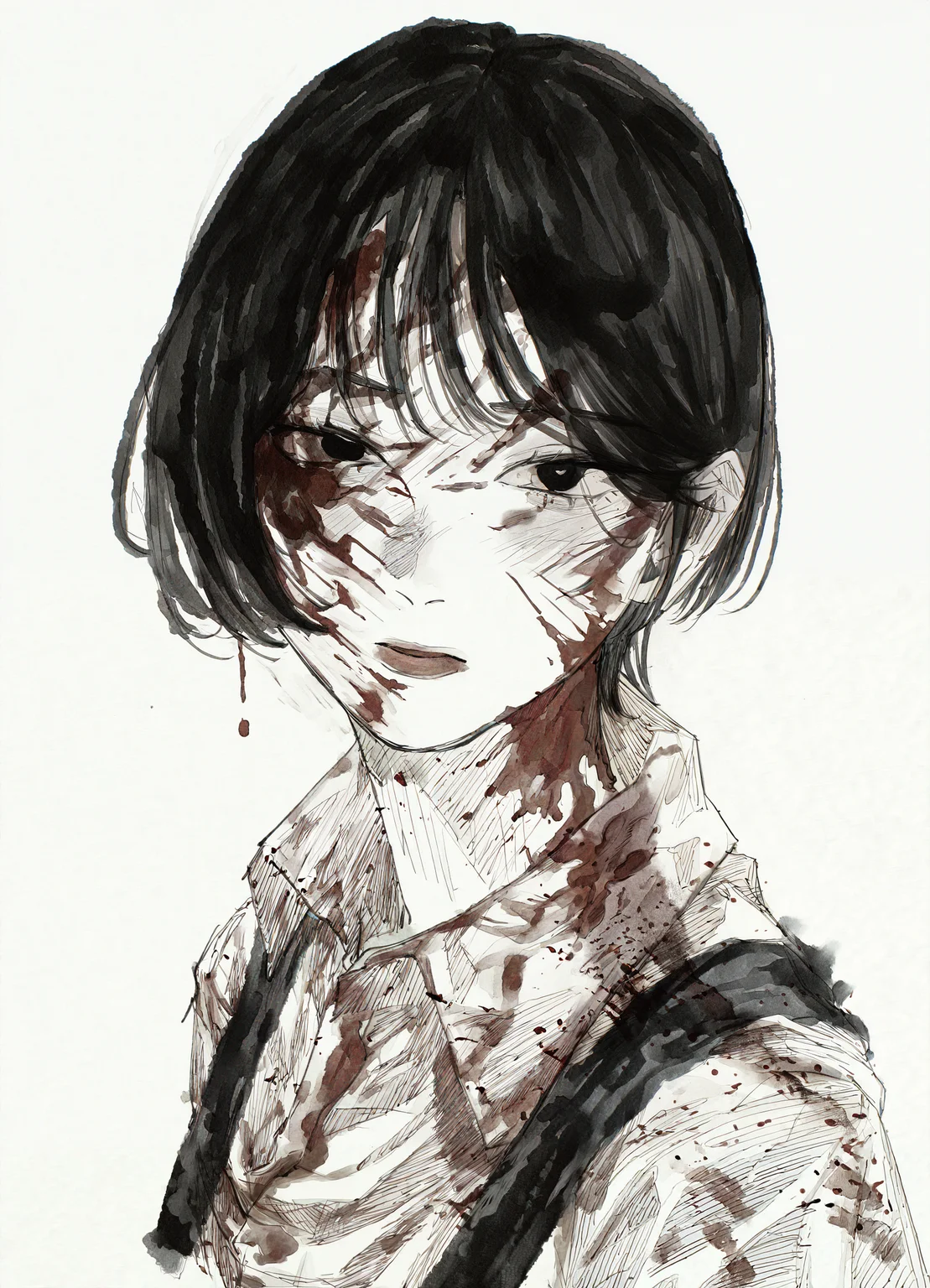 1girl, fujimoto tatsuki \(style\), ink_\(medium\), graphite \(medium\), blood on face, blood on clothes, portrait, masterpiece, very awa, newest, white background,