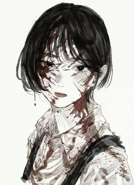 1girl, fujimoto tatsuki \(style\), ink_\(medium\), graphite \(medium\), blood on face, blood on clothes, portrait, masterpiece, very awa, newest, white background,