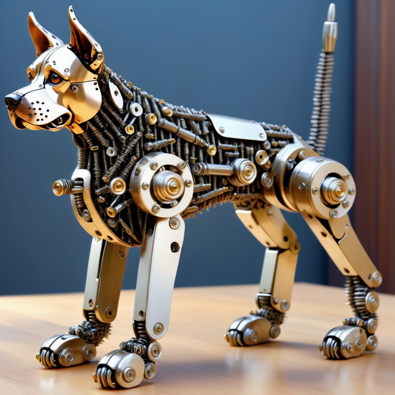 a dog made out of Jed-Screws, photorealistic, full of details, detailed screws,   <lora:SteelScrewsStyle-000006:0.7>