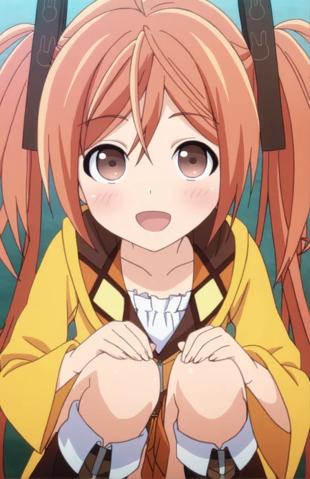 AiharaEnju, 1girl, solo, long hair, orange hair, hair ornament, twintails, brown eyes, collarbone, frills, long sleeves, looking at viewer, squatting, knee boots, :d, blush